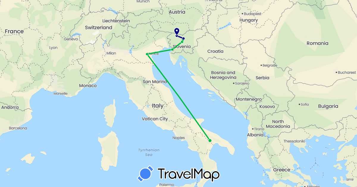 TravelMap itinerary: driving, bus in Italy, Slovenia (Europe)